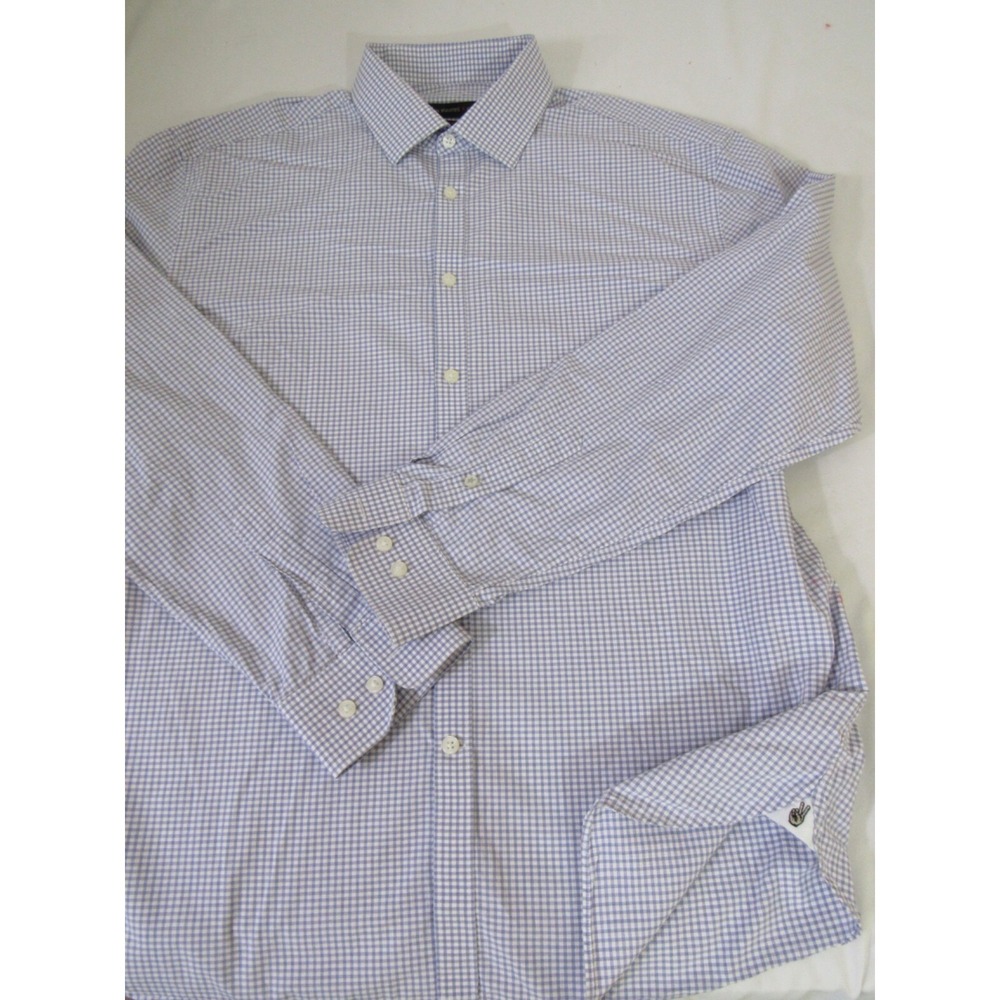 John Varvatos Slim fit Cotton 17 Blue Gingham Plaid Long Sleeve Dress Shirt